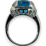 QCD Large Oval Blue Topaz & Diamond Halo Accent 14K 585 White Gold Ring Size 9