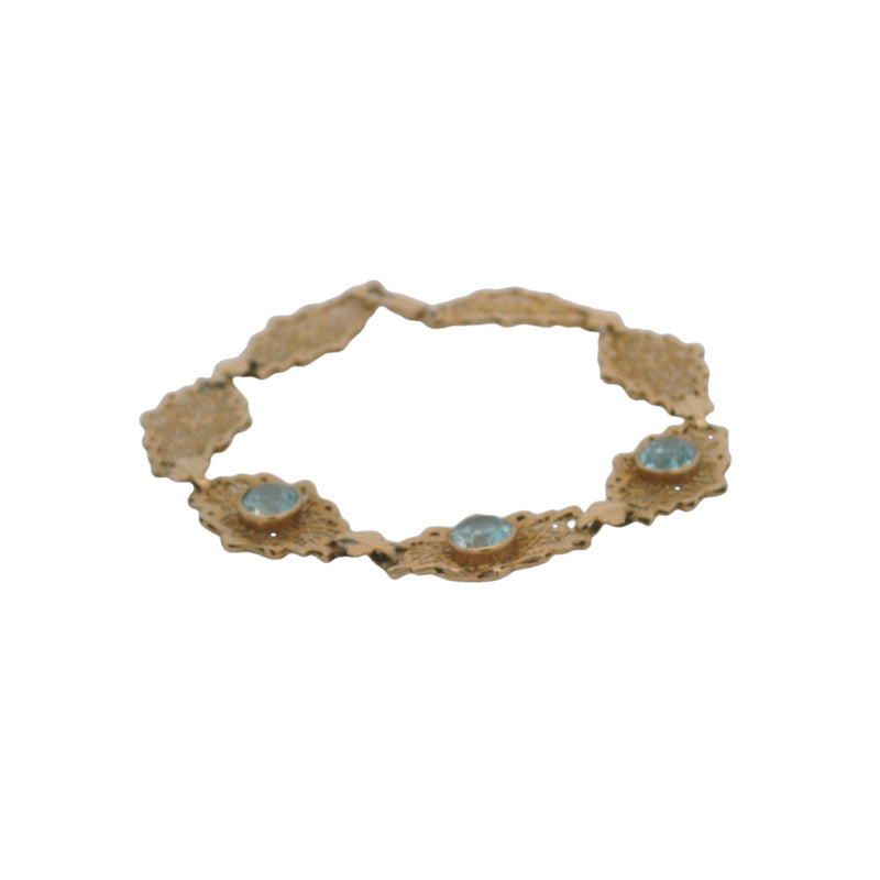 Late Art Deco 1930s 14kt Yellow Gold Filigree Openwork Geometric Link 7.4" Bracelet with 3 Natural Blue Zircons
