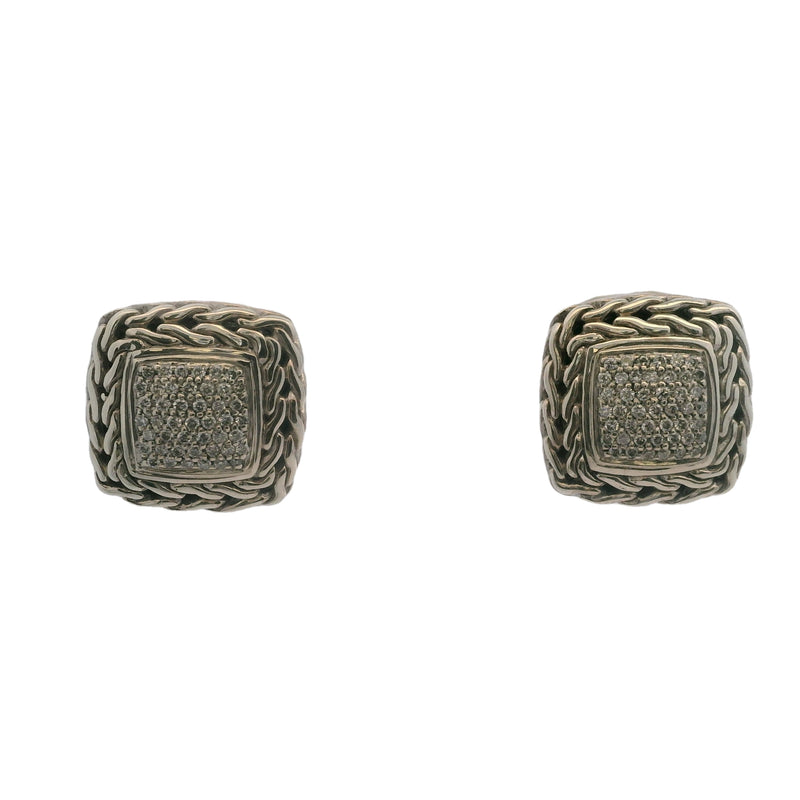 John Hardy 925 Sterling Silver/18kt Gold and Diamond Cluster Classic Square Chain Earrings