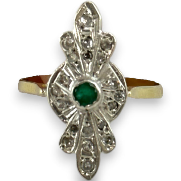 Vintage Art Deco Revival 14kt Yellow and White Gold Diamond and Emerald Dinner Ring Size 9