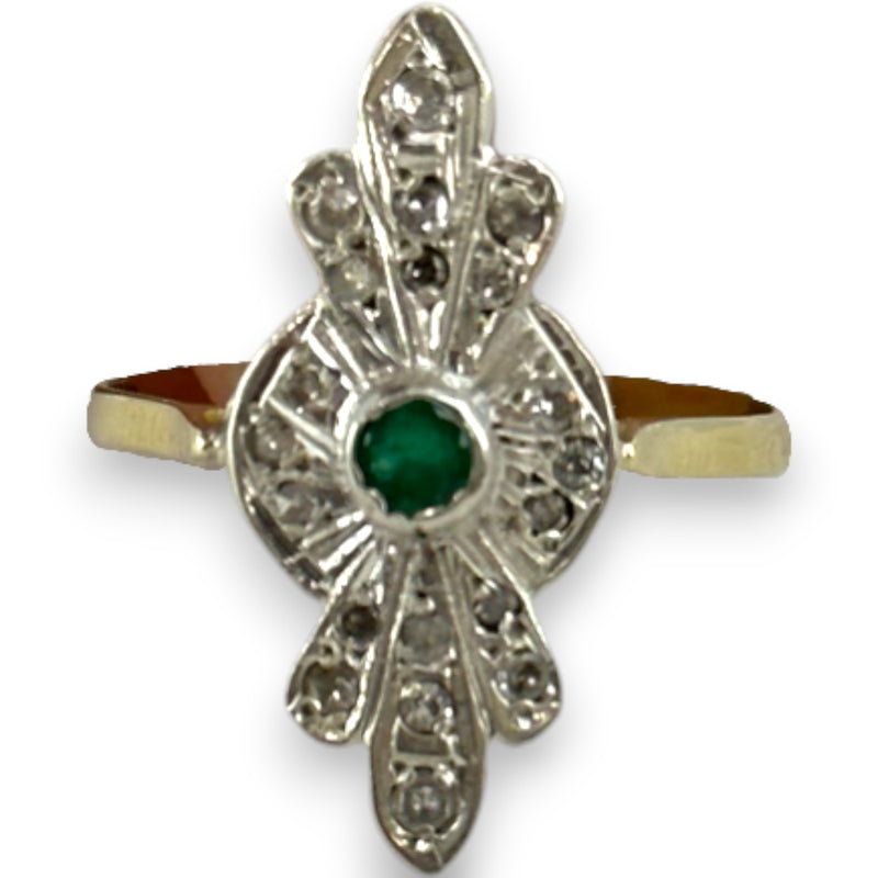 Vintage Art Deco Revival 14kt Yellow and White Gold Diamond and Emerald Dinner Ring Size 9