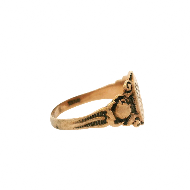 Antique Artcarved 1860-90s Victorian Solid 10kt Rose Gold Signet Ring With Floral and Scroll Motif Engraved with "JG"