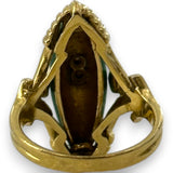 Vintage 1960-70s Solid 14kt Yellow Gold and Green Enamel Navette Ring with Floral Filigree Detail and Two Small Diamonds Size 6.25