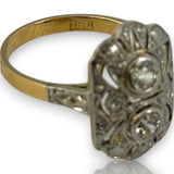 Antique 1900-1920 18kt Yellow and White Gold 2-Stone Old Mine Cut Diamond Dinner Ring with Diamond Chip Accents Size 6.5