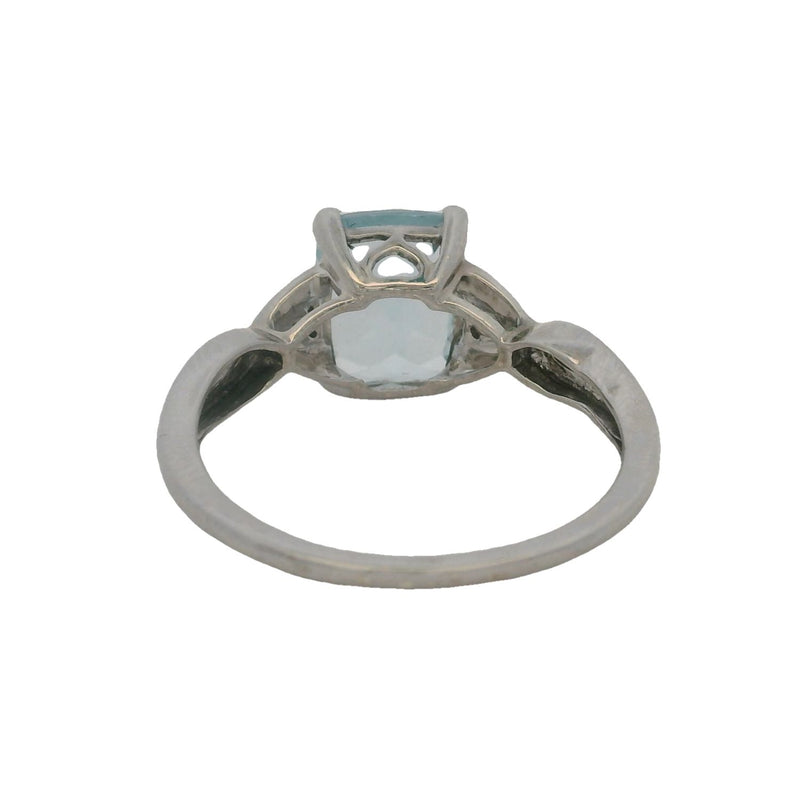 10kt White Gold Rectangle Cushion Cut Aquamarine Solitaire and Accent Diamond Ring Size 7 Made In India