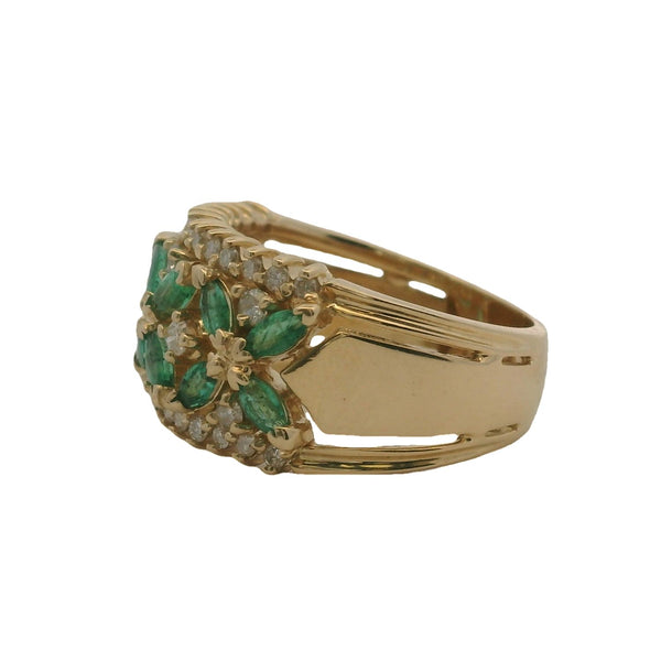 Vintage Solid 14kt Yellow Gold, Emerald, and Diamond Floral Motif Cluster Cocktail 11.5mm Wide Band Ring Size 7
