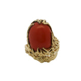 Italian 1980s Brutalist 18kt Yellow Gold and Cabochon Coral Textured Cocktail Ring Size 6