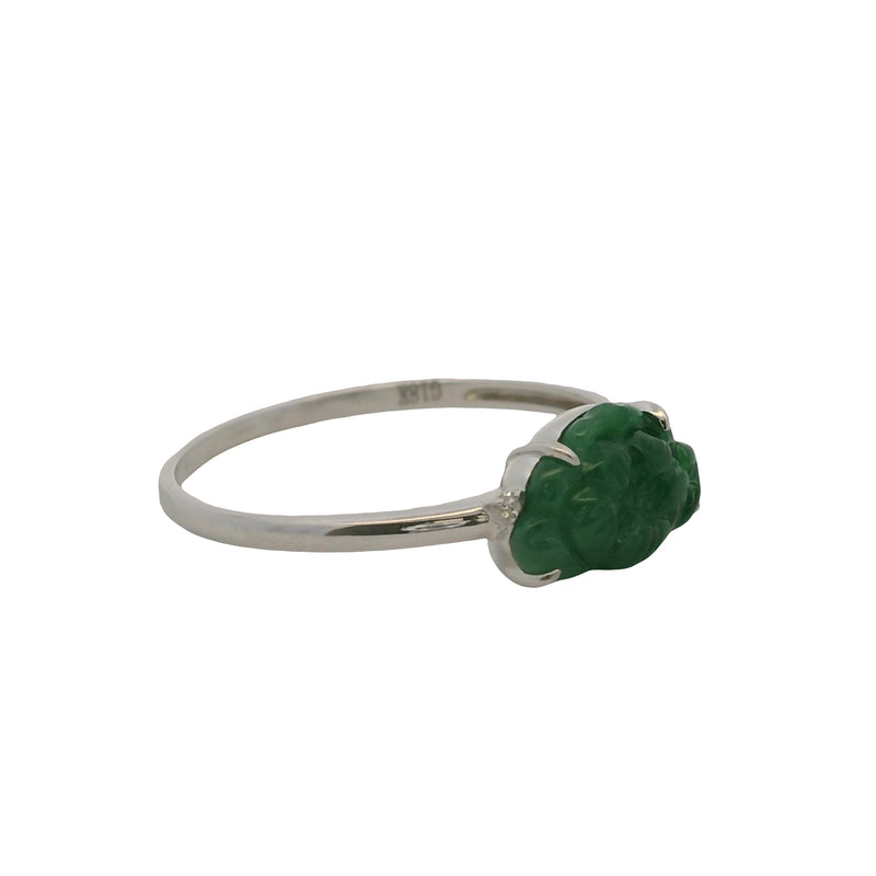 Solid 18kt White Gold and Carved Jade Flower and Diamond Ring Size 7.25