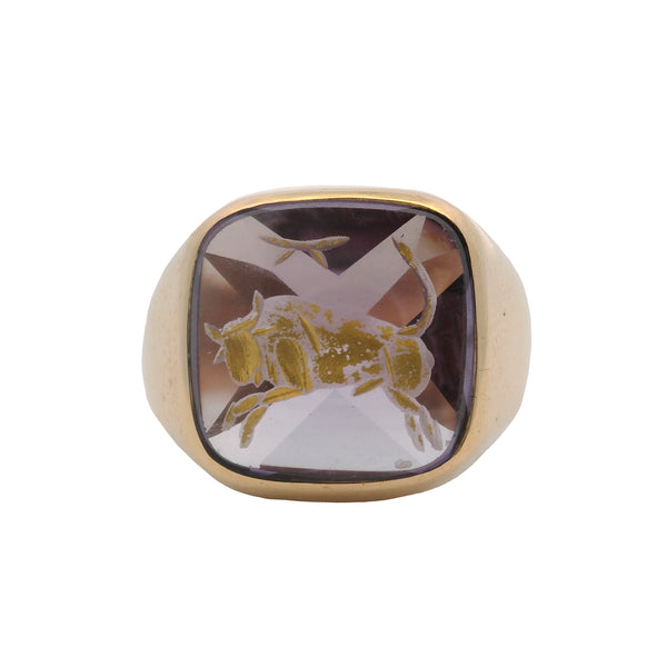 Vintage 1970-80s 14kt Yellow Gold Amethyst and Gold Enamel Bull Taurus Signet Ring Size 3.5