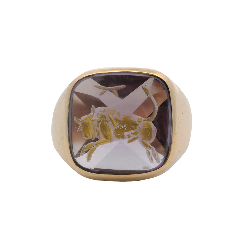 Vintage 1970-80s 14kt Yellow Gold Amethyst and Gold Enamel Bull Taurus Signet Ring Size 3.5