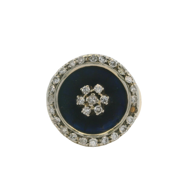 Antique Late Victorian Era 18kt 2-Tone Gold Diamond Cluster and Blue Enamel Circle Cocktail Ring Size 4