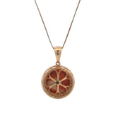 Solid 14kt Rose Gold 16mm Round Coral Pendant with Diamond Halo on 20" Thin Box Chain