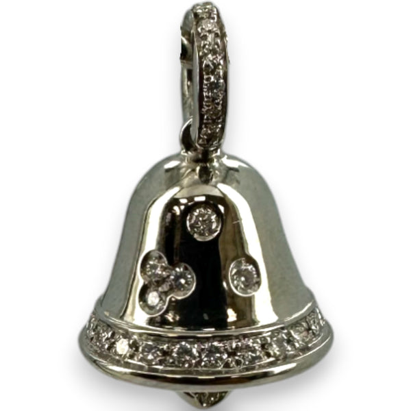Aaron Basha Retired Rare 18kt Solid White Gold and White Diamond Working Bell Pendant Made in Italy