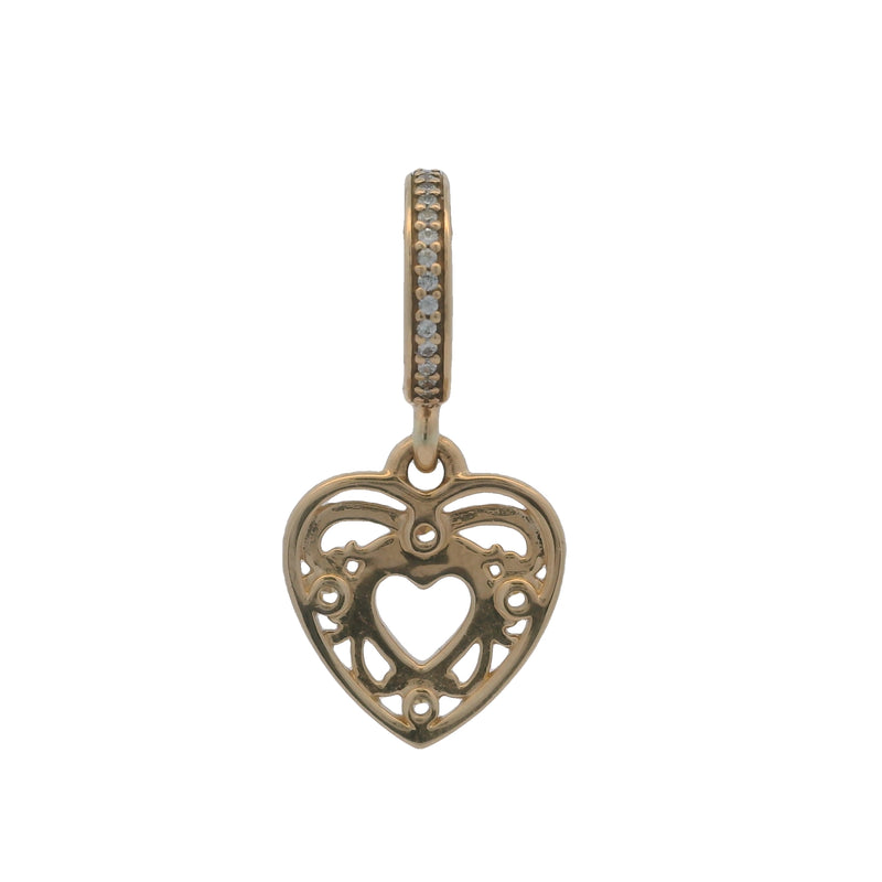 Charm colgante de corazón romántico de Pandora, retirado, de oro amarillo sólido de 14 kt y circonita cúbica.