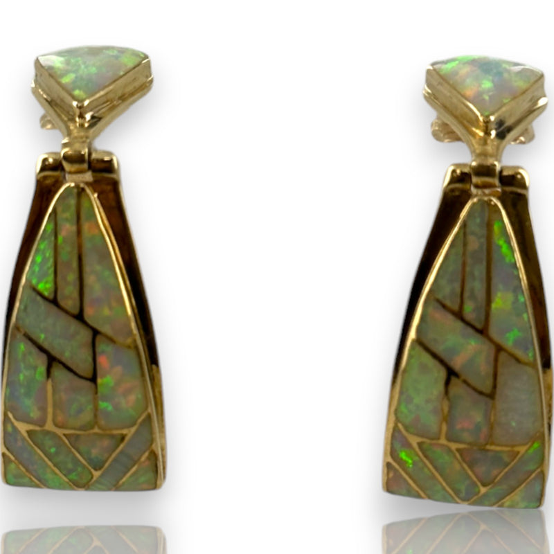 Pendientes colgantes de 3,4 cm de largo con ópalo de fuego intenso incrustado en oro amarillo macizo de 14 kt