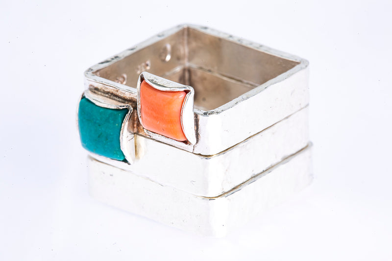 GG Goldwell Jewelry Turquoise & Coral Square Bands 925 Sterling Silver Ring 7