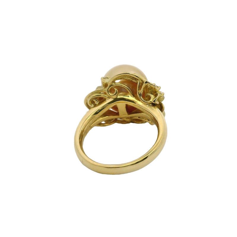 c1960-80s 18kt Yellow Gold 11.6mm South Sea Golden Pearl and Diamonds Leaf Motif Cocktail Ring Size 6