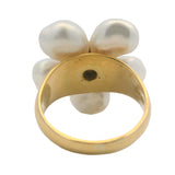 Solid 18kt Yellow Gold Freshwater Pearl and Diamond Cluster Flower Cocktail Ring Size 8.5