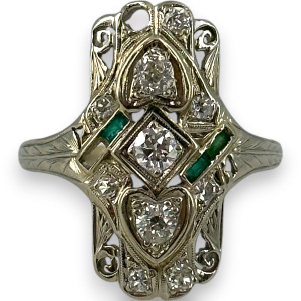 1920s Art Deco Era Solid 18kt 23.5mm Long Antique Cut Diamond Dinner Ring with 2 Heart Settings and Emerald Accents Size 10