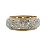 Antique 1930s Solid 2 Tone Gold and 0.84ctw Old Euro Diamond Scroll Filigree 8mm Band Ring Size 8.25