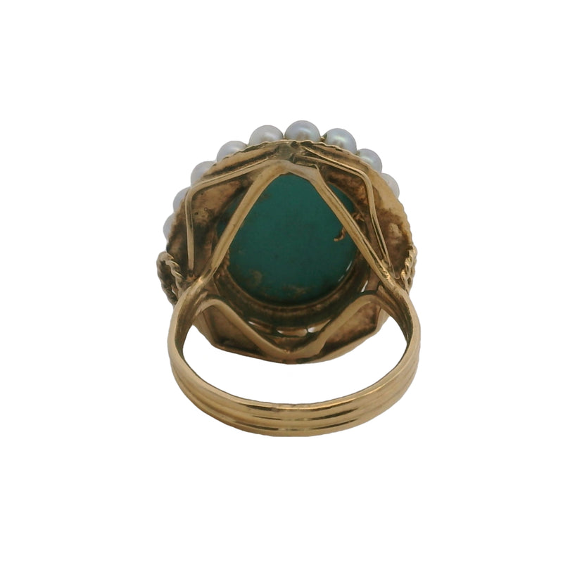 Vintage Handmade 14kt Yellow Gold Turquoise Cabochon and Pearl Cocktail Ring Size 6