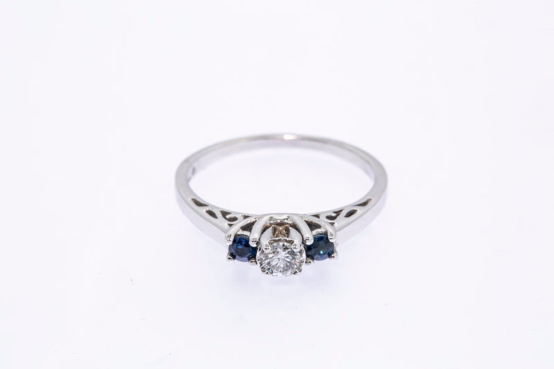 Diamond & Sapphire Engagement Three Stone Band 14K 585 White Gold Ring Size 7