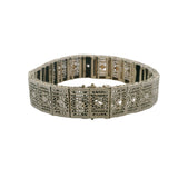 Antique 1920s White Mfg Co 14kt White Gold, Onyx, and Diamond Filigree Deco Bracelet 7.5"