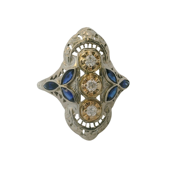 Vintage Art Deco Revival Solid 18kt White Gold, Diamond, and Lab Sapphire Dinner Ring Size 6.75