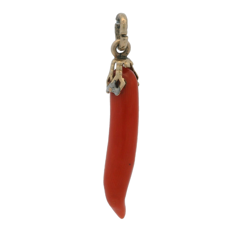 Vintage 14kt Yellow Gold and Orange Coral Italian Horn 1.3" Charm Necklace Pendant