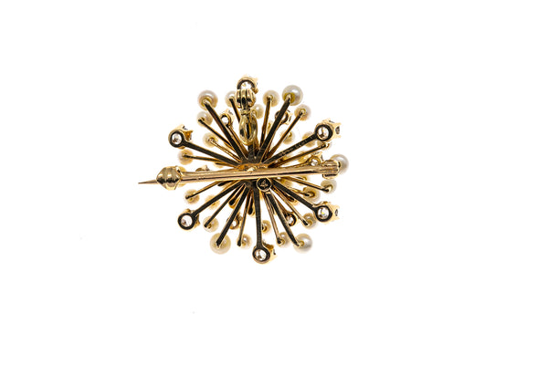 Antique Starburst Seed Pearl & Diamond Firework Cluster Brooch 14K 585 Yellow Gold Lapel Pin