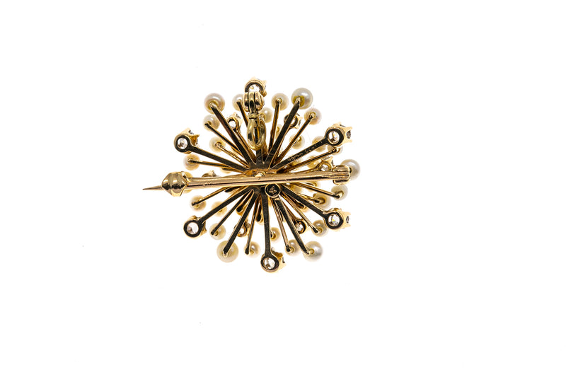 Antique Starburst Seed Pearl & Diamond Firework Cluster Brooch 14K 585 Yellow Gold Lapel Pin