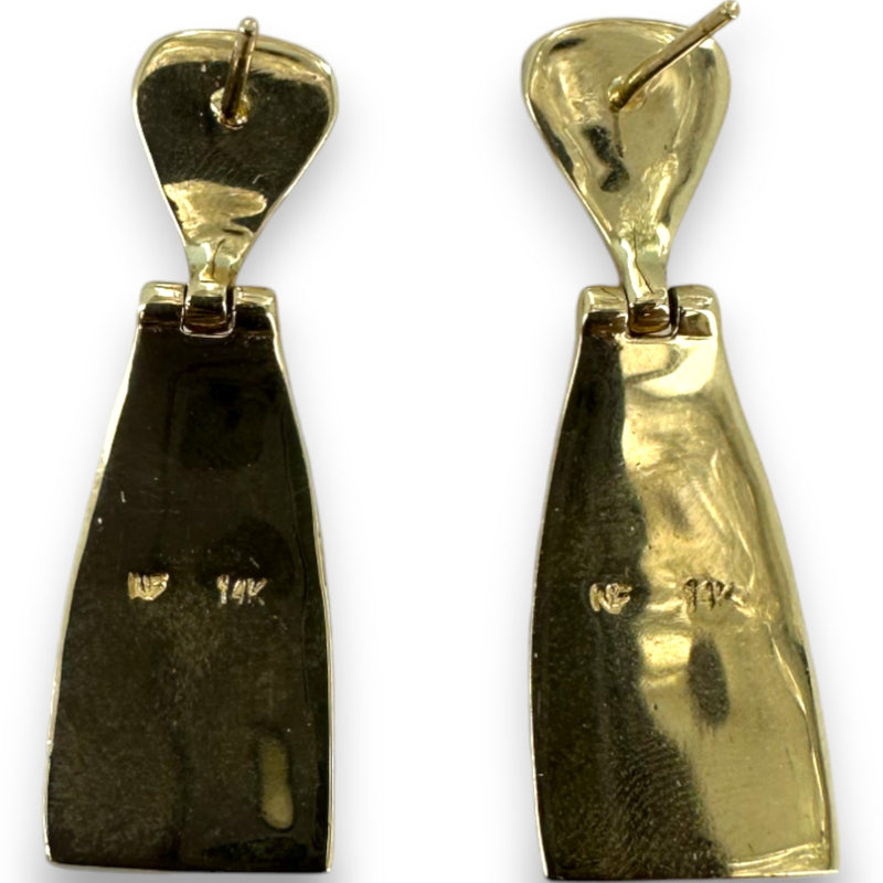 Pendientes colgantes de 3,4 cm de largo con ópalo de fuego intenso incrustado en oro amarillo macizo de 14 kt