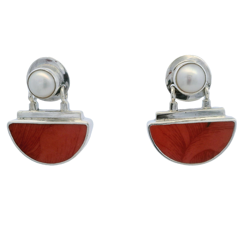 LTS Native American 925 Sterling Silver Drop/Dangle Earrings with Mabe Pearl and Painted Ceramic