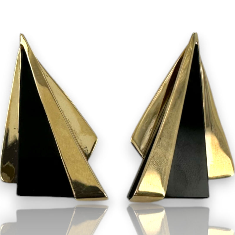 Vintage Solid 14kt Yellow Gold and Onyx 1.3" Long Abstract Triangle Stud Earrings