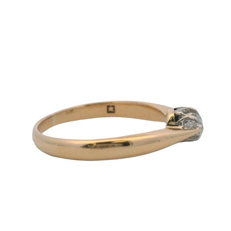 Antique Victorian Solid 14kt Yellow Gold and Old Mine Diamond Solitaire Stirrup Ring Size 7.75