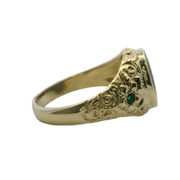 Vintage 1970s Victorian Revival 14kt Yellow Gold and Black Opal Gemstone Signet Ring with Emerald Sides Size 10