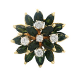 Vintage Solid 18kt Yellow Gold Green Tourmaline and Diamond Cluster Statement Ring Size 10