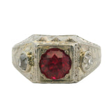 Antique 1920-30s Solid 14kt White Gold Lab Ruby and Old Mine Cut Diamond 3-Stone Ring Size 7.5