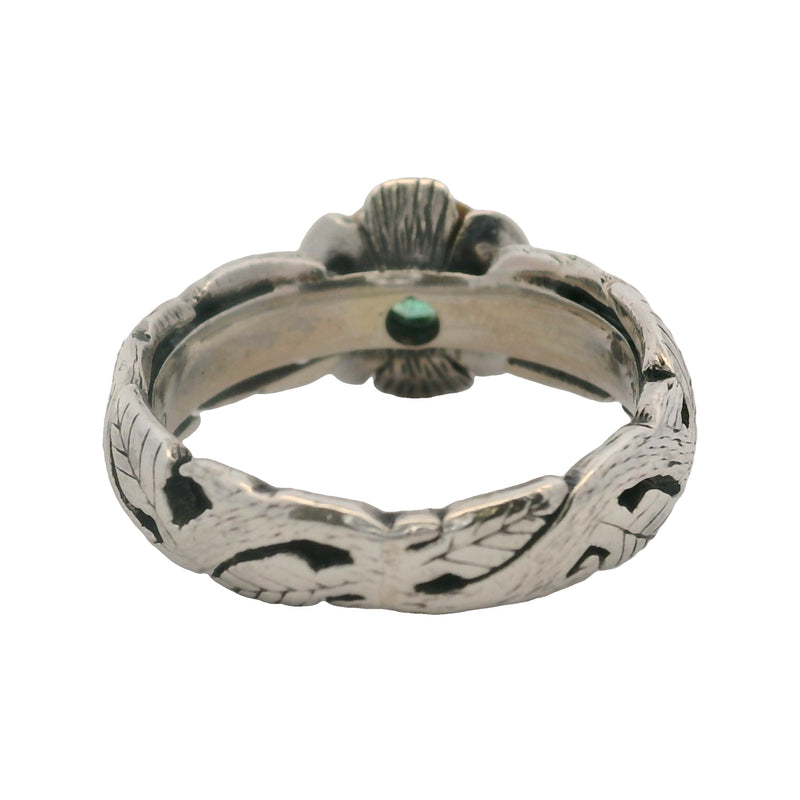 Anillo de hoja de flor en plata de ley 925 y oro amarillo de 18 kt con esmeralda central, talla 5