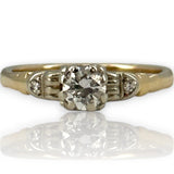 Antique 1930s 14kt Yellow Gold VVS 0.20ct Diamond Solitaire Ring with Single-Cut Diamond Side Buckle Accents Size 3