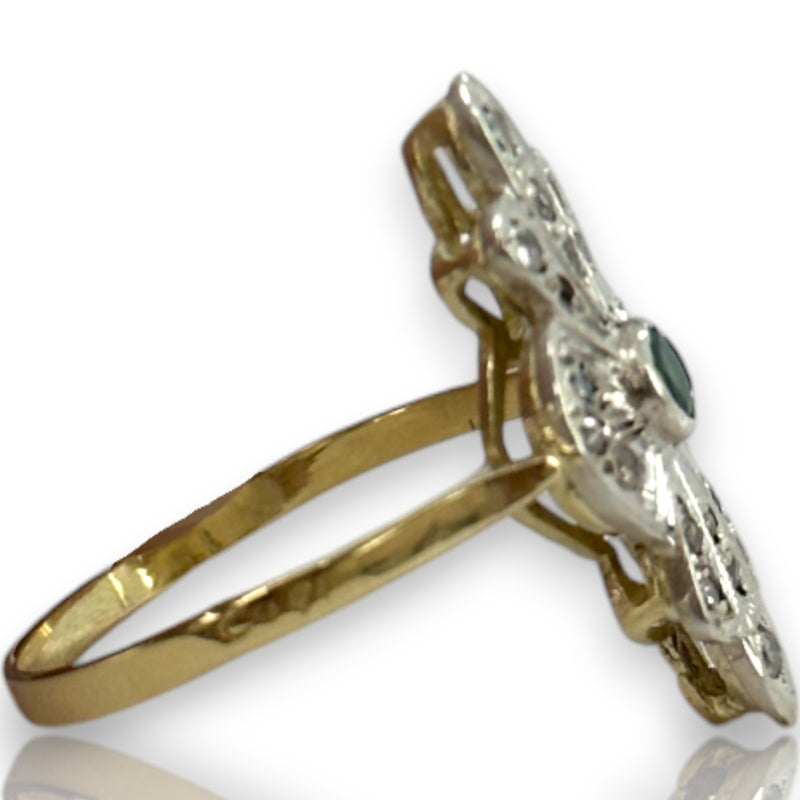 Vintage Art Deco Revival 14kt Yellow and White Gold Diamond and Emerald Dinner Ring Size 9