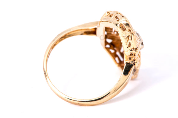 1970-80s Deco Revival Diamond Cluster Filigree Shield Band 14K 585 Yellow Gold Ring Size 6