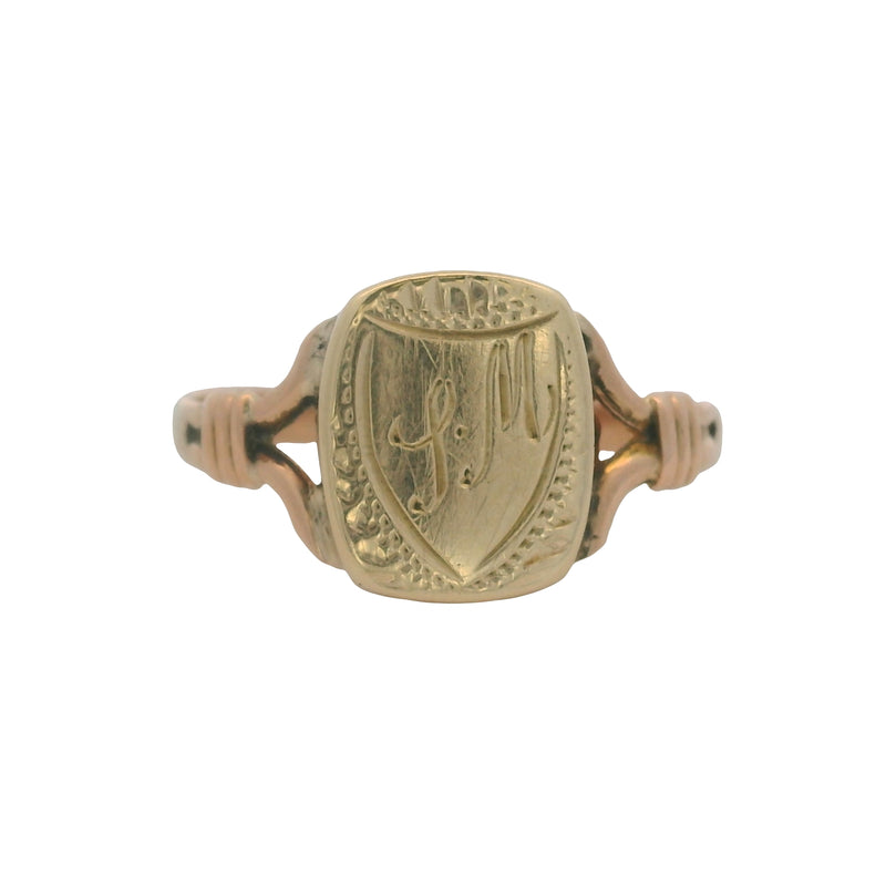 Antique Solid 14kt Yellow Gold Dainty Signet "LM" Cursive Engraving Size 5.75