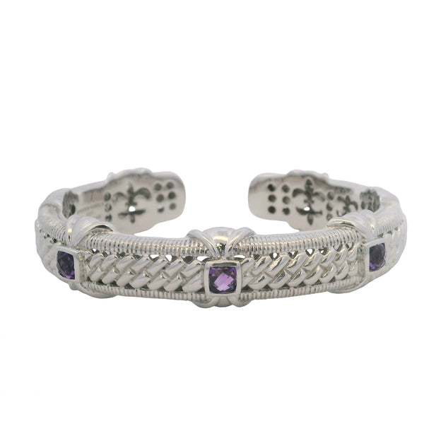 Judith Ripka 925 Sterling Silver and Checkerboard Cut Amethyst 14.5mm Cuff Bracelet