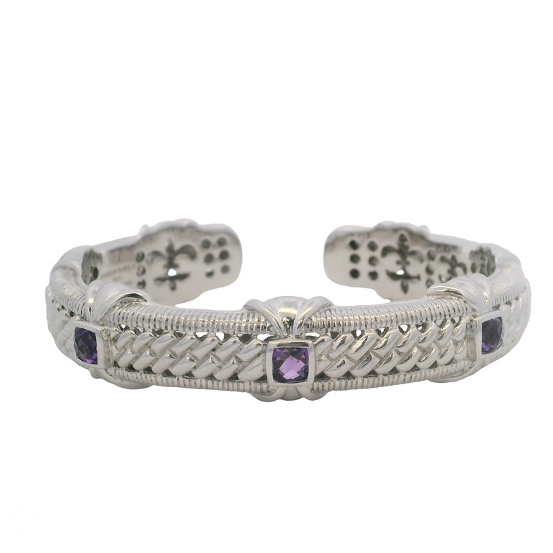 Judith Ripka 925 Sterling Silver and Checkerboard Cut Amethyst 14.5mm Cuff Bracelet