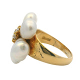 Solid 18kt Yellow Gold Freshwater Pearl and Diamond Cluster Flower Cocktail Ring Size 8.5