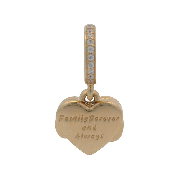 Charm colgante Pandora de oro amarillo macizo de 14 kt con circonitas cúbicas y esmalte con forma de corazón infinito.