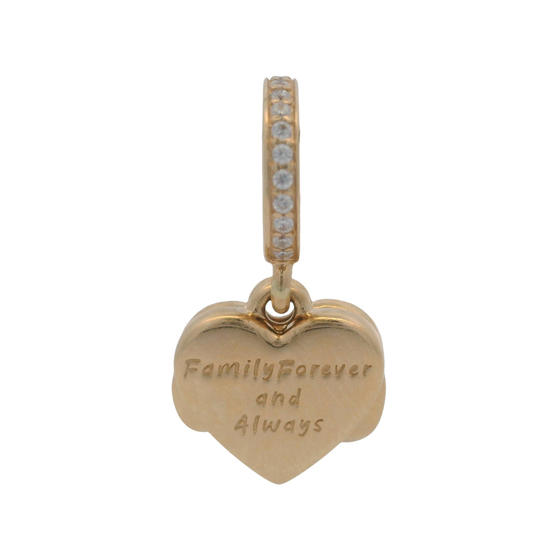 Charm colgante Pandora de oro amarillo macizo de 14 kt con circonitas cúbicas y esmalte con forma de corazón infinito.
