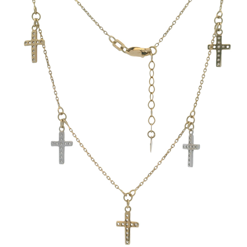 Solid 14kt Yellow Gold and Cubic Zirconia Crosses Stationed Pendant 18" Chain Necklace