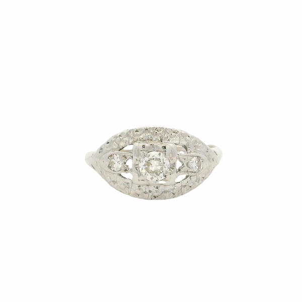 Vintage 1930-40s Solid 14kt White Gold Engagement Fashion Ring With Old European and Single Cut Diamonds Size 4.75